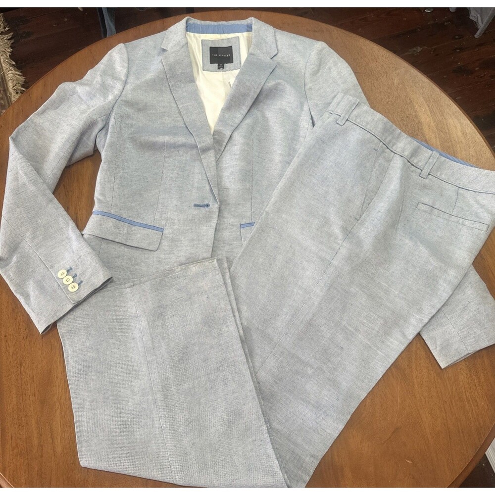 Linen Blend pant suit with jacket women Light Blue Summer Career Med/ 8